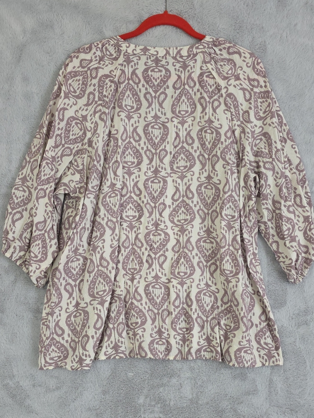 Fred David Women's 2X Ivory Taupe Ikat Print Blouse 3/4 Sleeve Split Neck Plus S - Picture 9 of 12